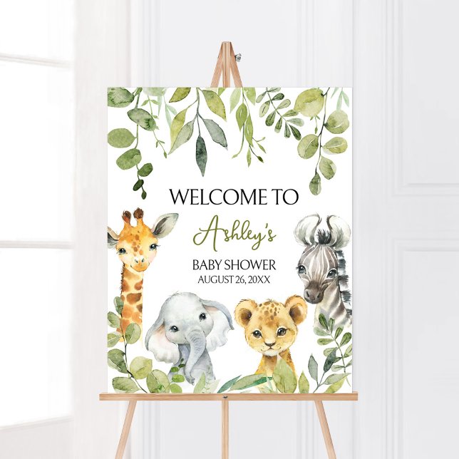 Póster Bienvenida al Safari de la Selva Salvaje (Greenery Animals Baby Shower  Welcome Sign)