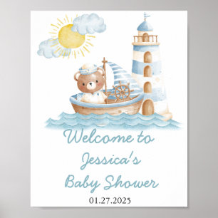 Póster Bienvenida al Shower de Bebé Barco Acuarela Oso Ná