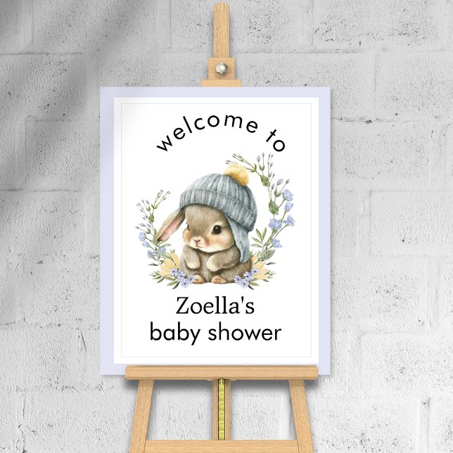 Póster Bienvenida al Shower de Bebé Floral de Conejo Acua (Watercolor Bunny Floral Spring Baby Shower Welcome Poster 1)