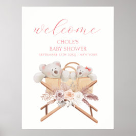 Póster Bienvenida al Shower de Bebé Niña Oso Floral Boho