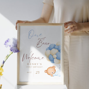 Póster Bienvenida Animales Oso Niño Pastel Primer Fiesta