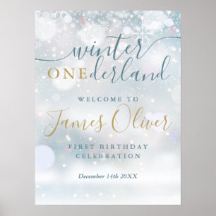 Póster Bienvenida azul dorada al primer cumpleaños de One