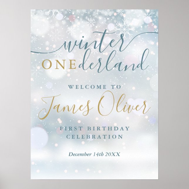 Póster Bienvenida azul dorada al primer cumpleaños de One (Frente)