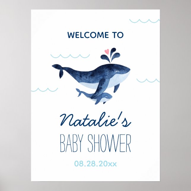 Póster Bienvenida Baby Shower a ballenas náuticas bajo el (Frente)