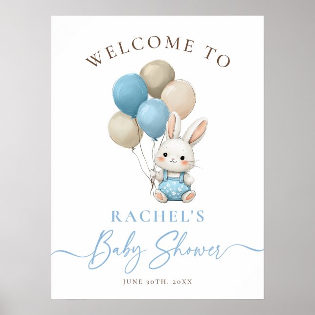 Póster Bienvenida Baby Shower a Bunny Rabbit Blue Balloon (Frente)