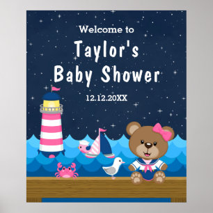 Póster Bienvenida Baby Shower a Chica Náutico Oso Marina