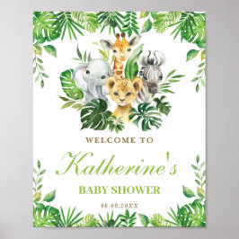 Póster Bienvenida Baby Shower a Jungle Animals Greenery B