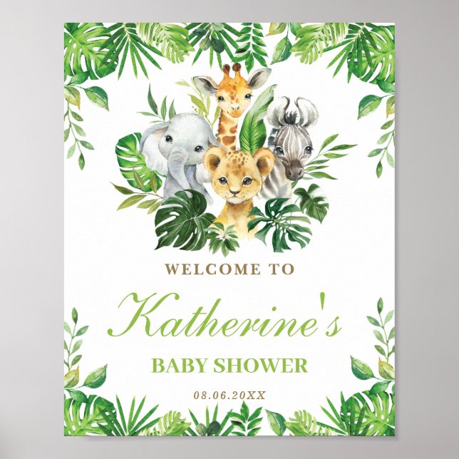 Póster Bienvenida Baby Shower a Jungle Animals Greenery B (Frente)