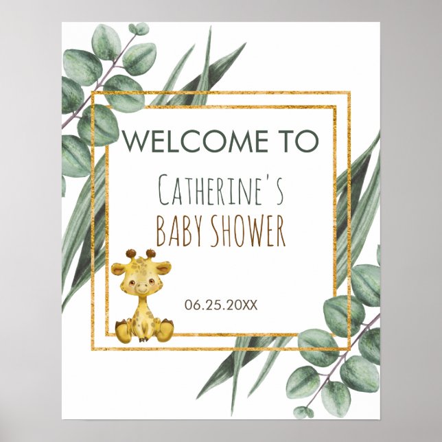 Póster Bienvenida Baby Shower a Jungle Safari Giraffe (Frente)