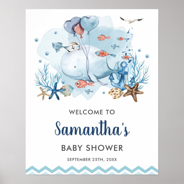 Póster Bienvenida Baby Shower a la ballena náutica bajo e (Frente)
