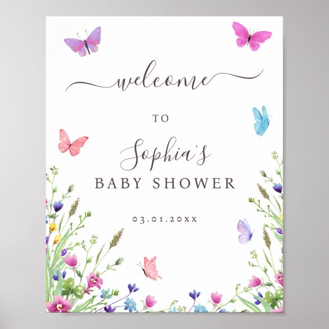Póster Bienvenida Baby Shower a las mariposas con temas d (Frente)