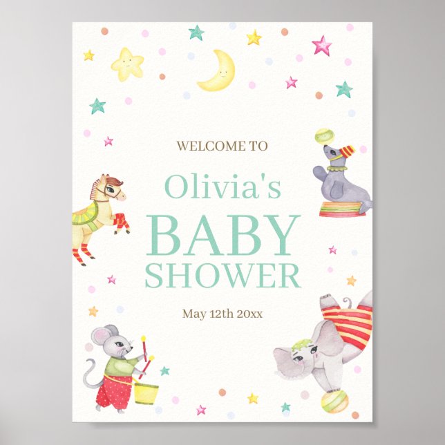 Póster Bienvenida Baby Shower a los Animales del Festival (Frente)