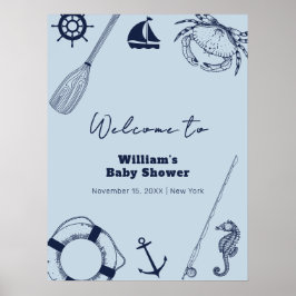 Póster Bienvenida Baby Shower a Navy Blue Modern Fishing 