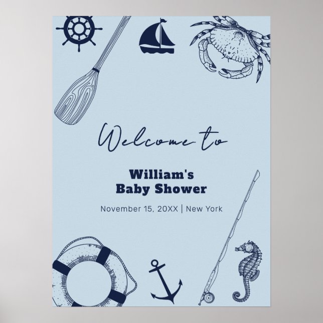 Póster Bienvenida Baby Shower a Navy Blue Modern Fishing  (Frente)