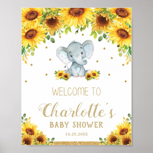 Póster Bienvenida Baby Shower a Sunflower Cute Elephant B (Frente)