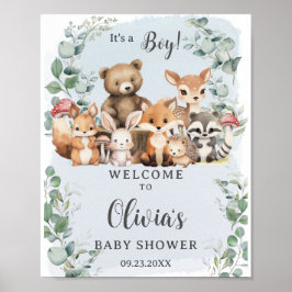 Póster Bienvenida Baby Shower a Woodland Animals Greenery