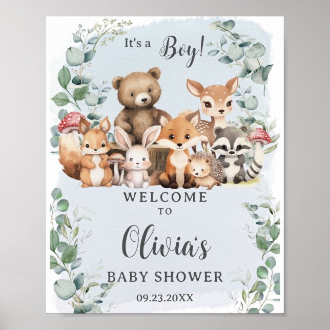 Póster Bienvenida Baby Shower a Woodland Animals Greenery (Frente)