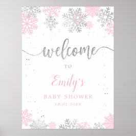 Póster Bienvenida Baby Shower al Chica rosado plateado