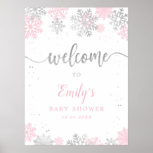 Póster Bienvenida Baby Shower al Chica rosado plateado