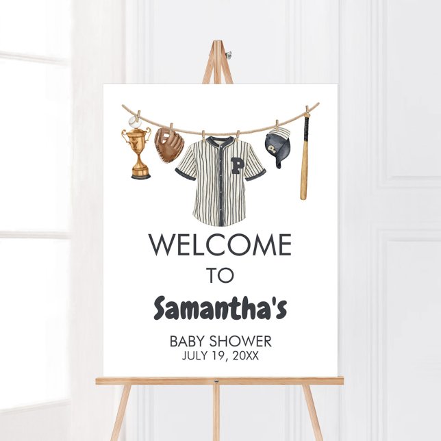 Póster Bienvenida Baby Shower al Pequeño Bloguero de Béis (Baseball Little Slugger Clothesline Baby Shower Welcome Sign)