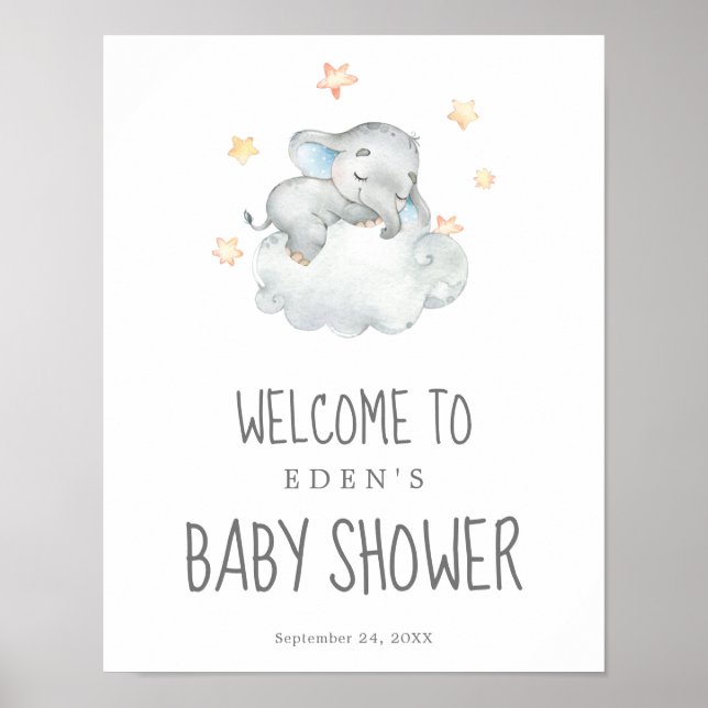 Póster Bienvenida Baby Shower al pequeño elefante (Frente)
