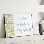Póster Bienvenida Baby Shower al Personalizado Floral Boh<br><div class="desc">Personalizado floral azul Boho Poster de signo de bienvenida Baby Shower de color amarillo dorado</div>