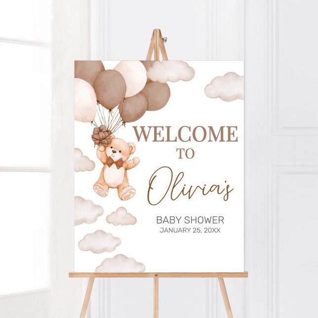 Póster Bienvenida Baby Shower Bear Bear Bear Wait Bear (Brown Baby Bear Balloon Baby Shower Welcome Sign)