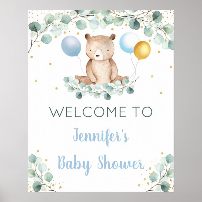 Póster Bienvenida Baby Shower Bear Greenery Gold Blue Boy (Frente)