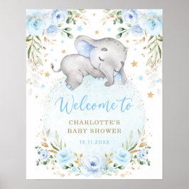 Póster Bienvenida Baby Shower Blue Gold Floral Elephant B