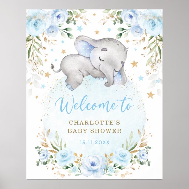 Póster Bienvenida Baby Shower Blue Gold Floral Elephant B (Frente)