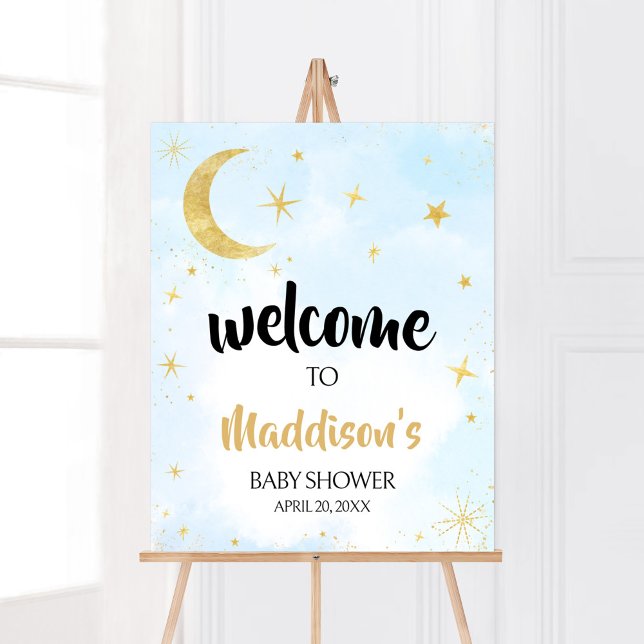 Póster Bienvenida Baby Shower Blue Gold Over The Moon (Moon and Stars Baby Shower Welcome Sign)