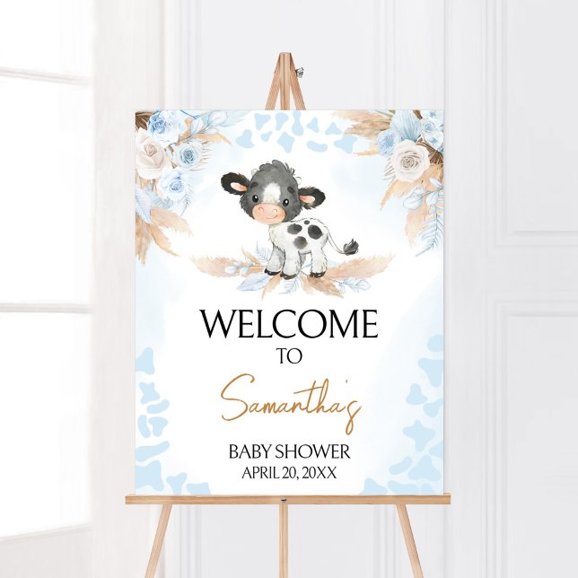 Póster Bienvenida Baby Shower Blue Holy Cow (Boy Highland Cow Baby Shower Welcome Sign)