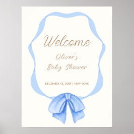 Póster Bienvenida Baby Shower Blue Vintage Bow Ribbon Boy