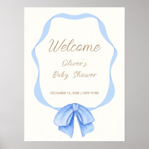 Póster Bienvenida Baby Shower Blue Vintage Bow Ribbon Boy
