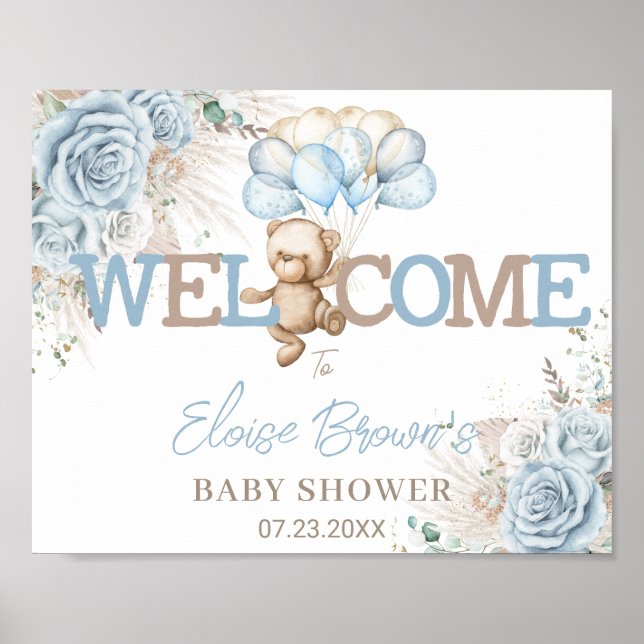 Póster Bienvenida Baby Shower Boho Blue Floral Pampas Bea (Frente)