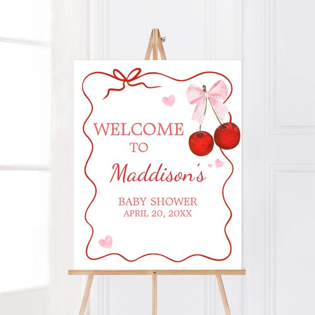 Póster Bienvenida Baby Shower Cherry on Top Pink Bow (Cherry on Top Baby Shower Welcome Sign)