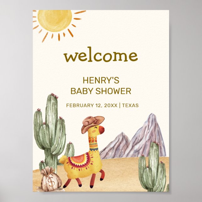 Póster Bienvenida Baby Shower de Baby Cactus Llama Cowboy (Frente)
