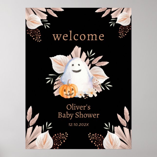Póster Bienvenida Baby Shower de Black Little Boho Ghost (Frente)