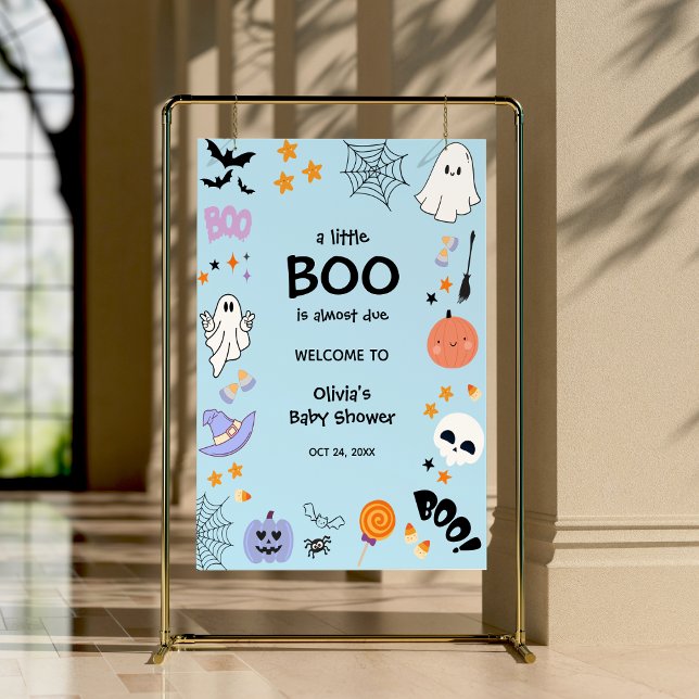 Póster Bienvenida Baby Shower de Blue A Little Boo Hallow (Blue A Little Boo Halloween Baby Shower Welcome Sign )