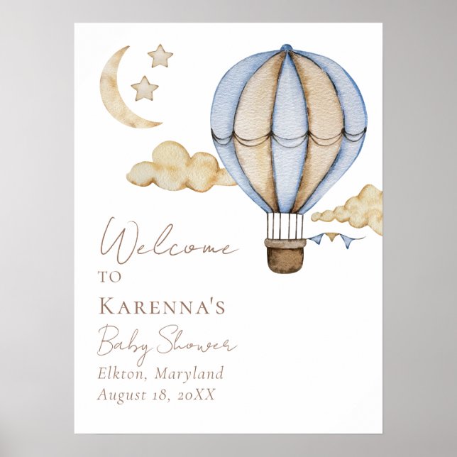 Póster Bienvenida Baby Shower de Blue Air Balloon White (Frente)