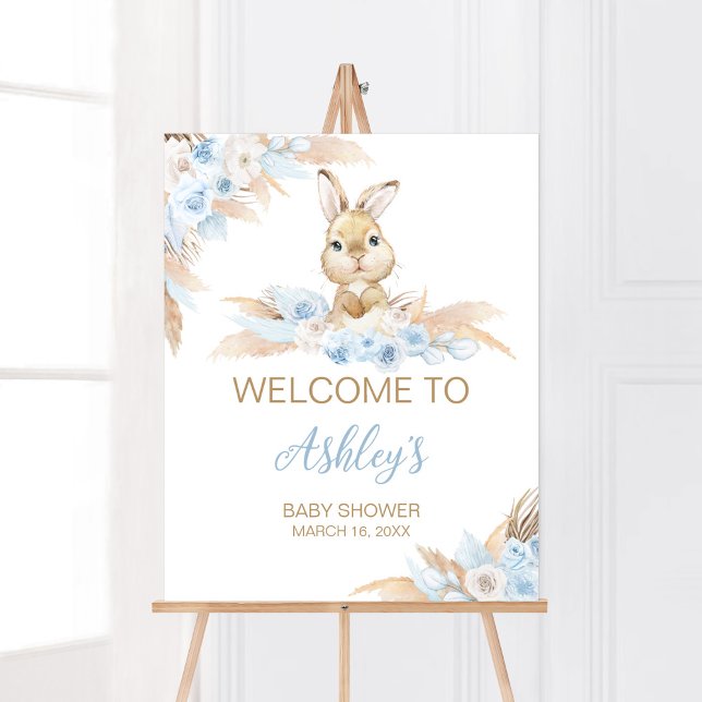 Póster Bienvenida Baby Shower de Blue Boho Bunny (Pampas Grass Boy Bunny Baby Shower Welcome Sign)