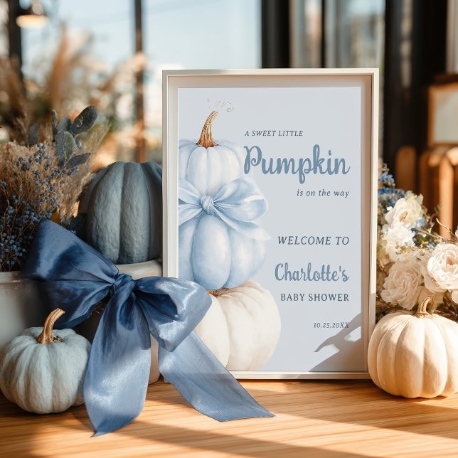 Póster Bienvenida Baby Shower de Blue Bow Little Pumpkin  (Blue Bow Little Pumpkin Boy Baby Shower Welcome Poster)
