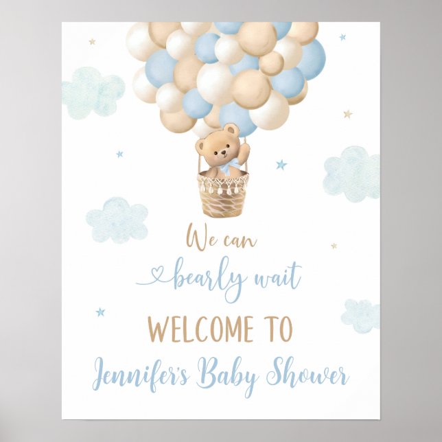 Póster Bienvenida Baby Shower de Blue Boy Teddy Bear Glob (Frente)