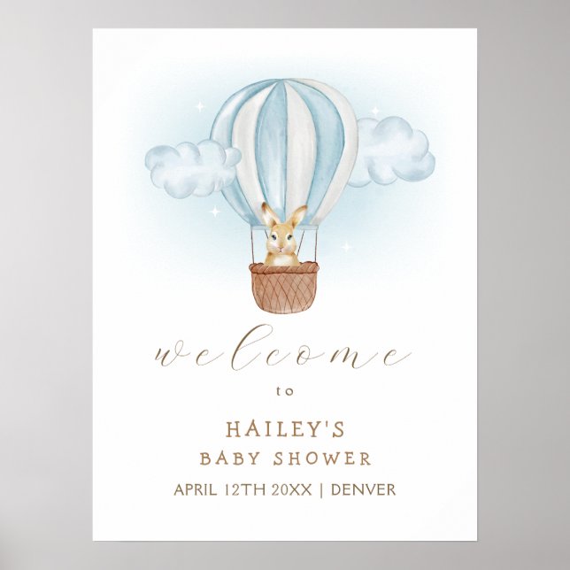 Póster Bienvenida Baby Shower de Blue Bunny Air Balloon (Frente)