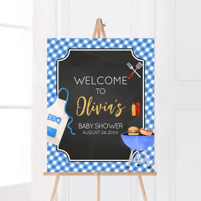 Póster Bienvenida Baby Shower de Blue Gingham BBQ (Boy Baby-Q Baby Shower Welcome Sign)