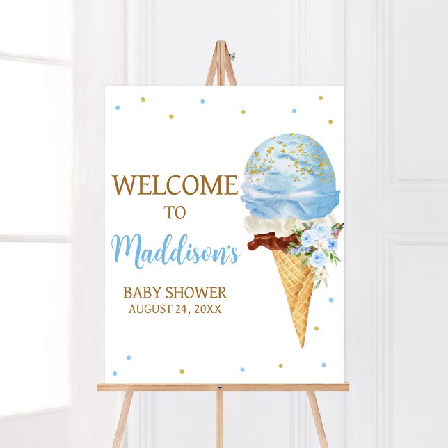 Póster Bienvenida Baby Shower de Blue Ice Cream (Here's the Scoop Baby Shower Welcome Sign)