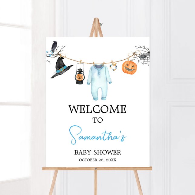 Póster Bienvenida Baby Shower de Blue Little Boo Hallowee (Halloween Baby Clothes Baby Shower Welcome Sign)