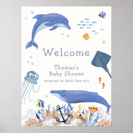 Póster Bienvenida Baby Shower de Blue Ocean Dolphin Whale