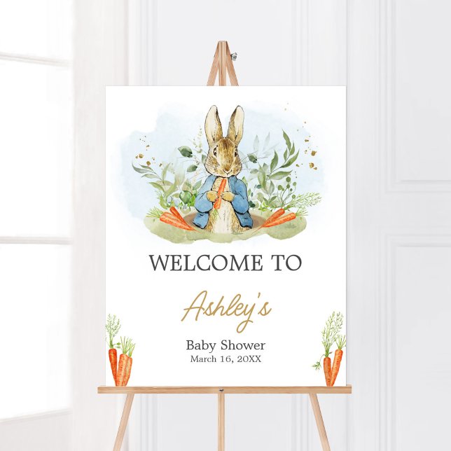 Póster Bienvenida Baby Shower de Blue Peter Rabbit (Rustic Boy Peter Rabbit Baby Shower Welcome Sign)