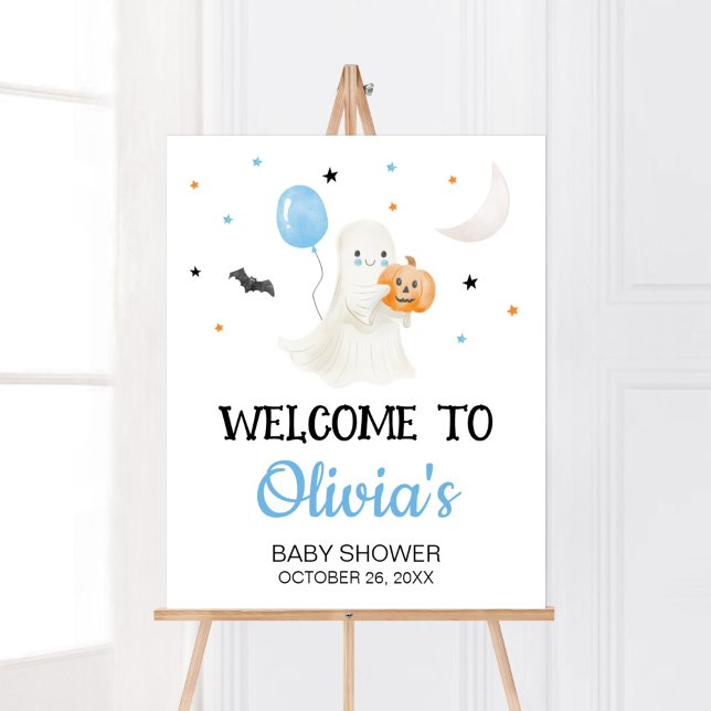 Póster Bienvenida Baby Shower de Boy Halloween Little Boo (A Little Boo Baby Shower Welcome Sign)